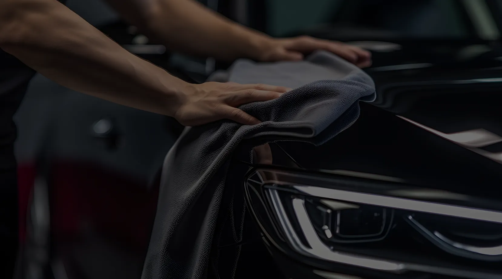 Hände eines Mannes polieren mit einem Tuch die Motorhaube eines schwarzen Autos nahe am Scheinwerfer.