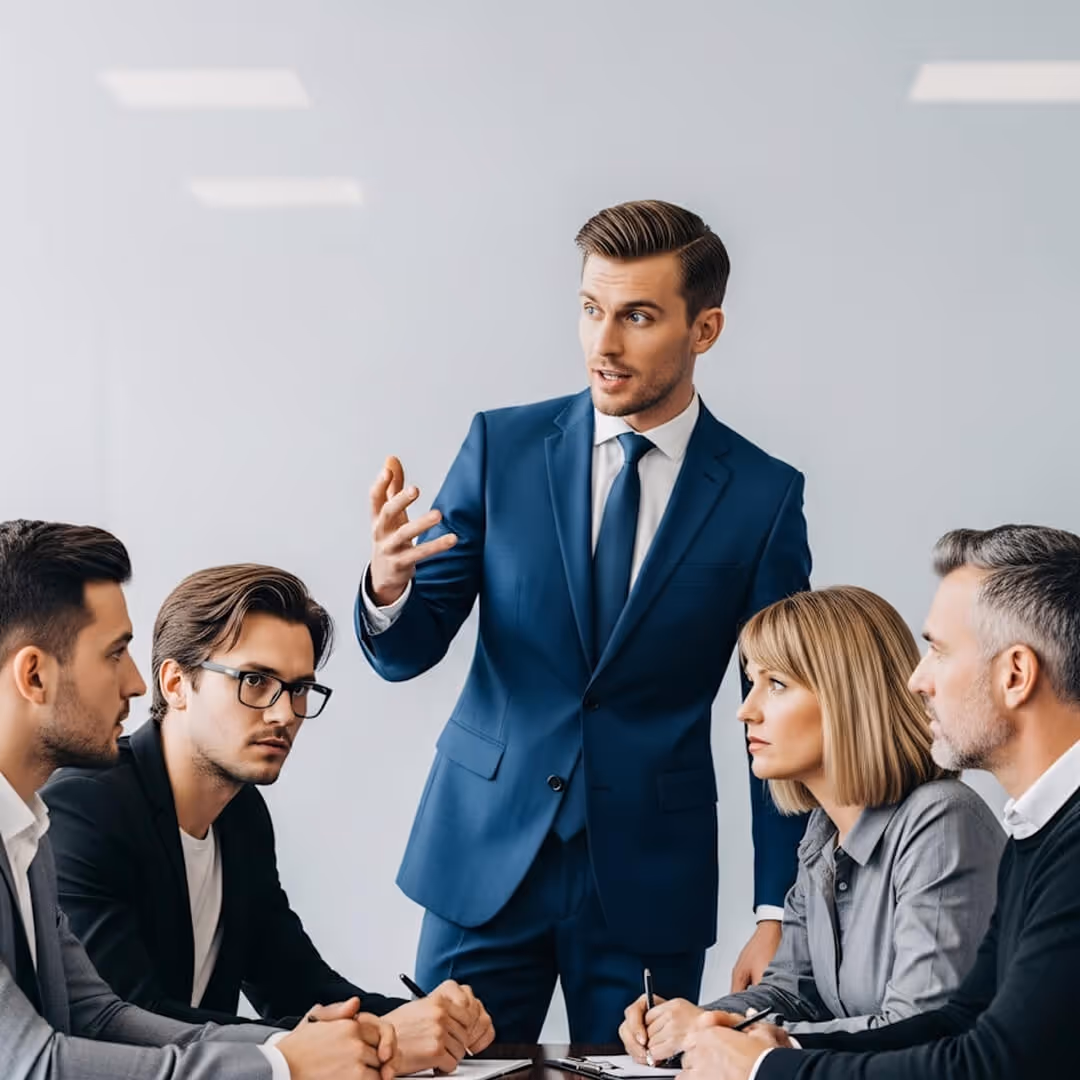Homem em terno azul falando enquanto quatro colegas escutam atentos em uma reunião de escritório.