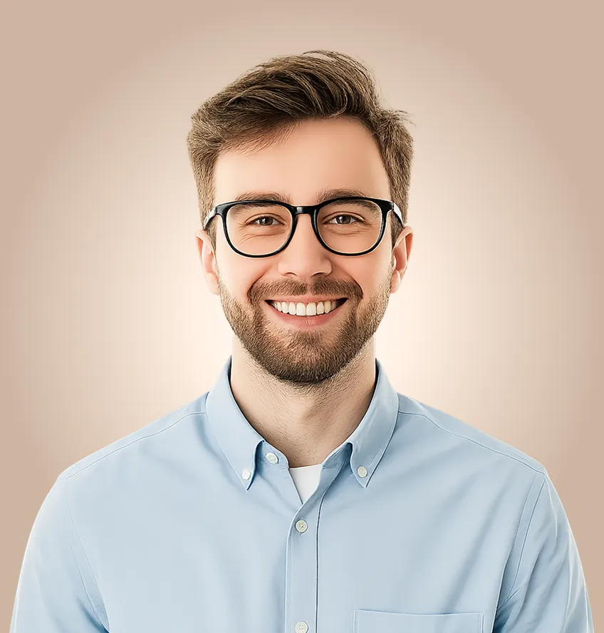 Portrait of a smiling professional man wearing glasses and a light blue shirt, used on a personal portfolio website.