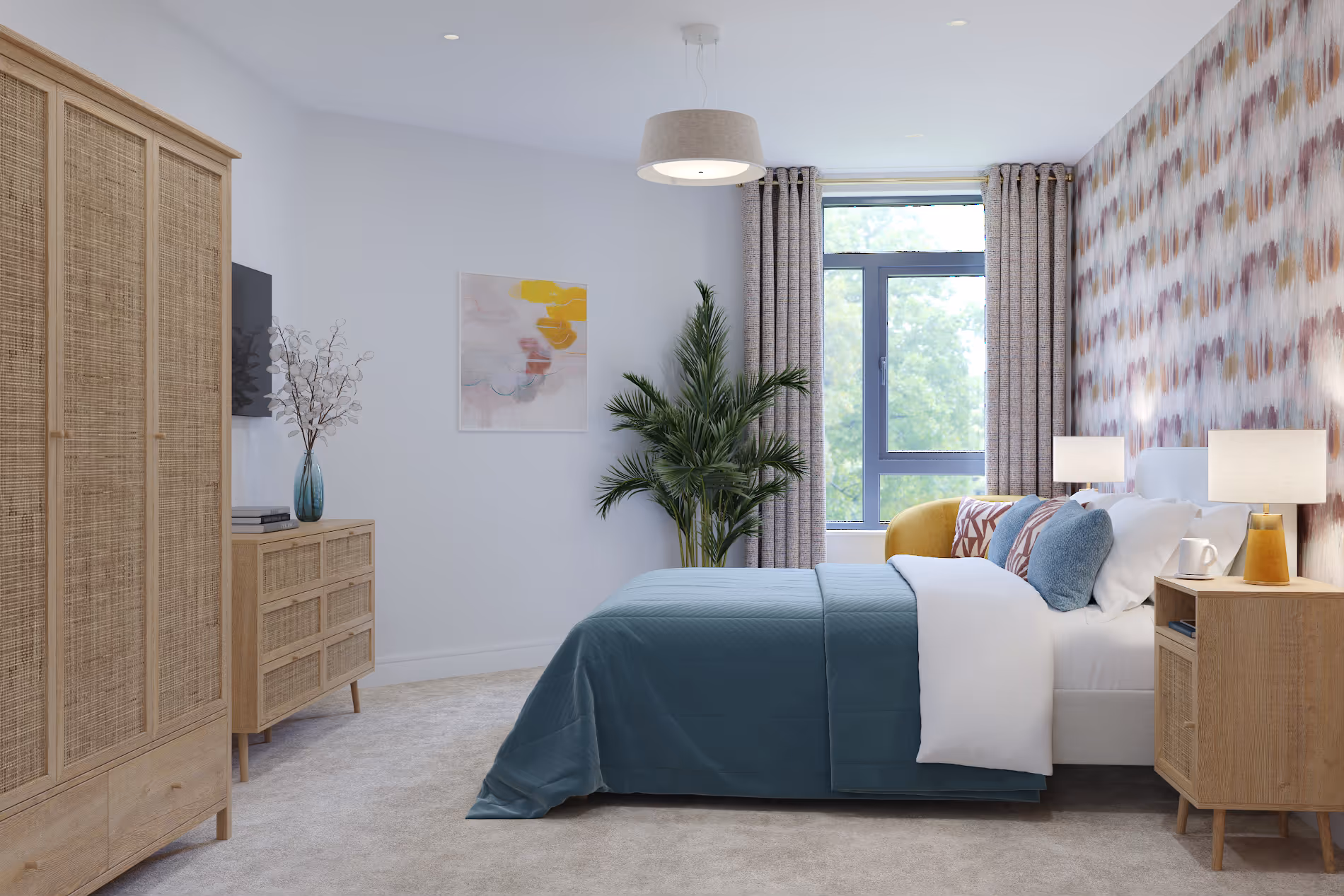 Bright bedroom with patterned wallpaper, bed with blue cover and decorative pillows, wooden nightstands with lamps, a large window with curtains, and a tall green plant.