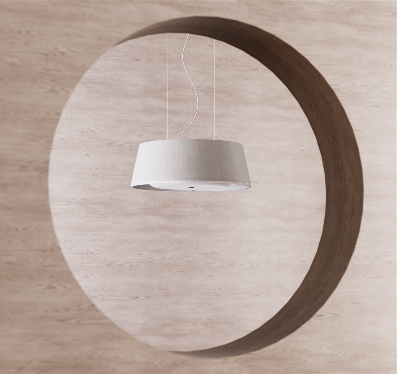 Modern white suspended lampshade casting an oval shadow against a wooden background.