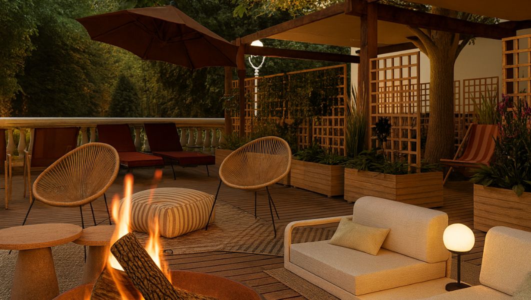 Espace de repos extérieur de l’Hôtel Source du Parc, ambiance cosy en soirée