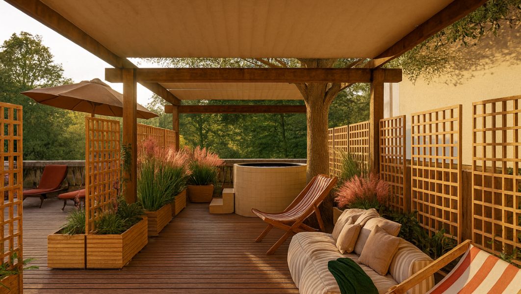 Terrasse détente aménagée de l’Hôtel Source du Parc