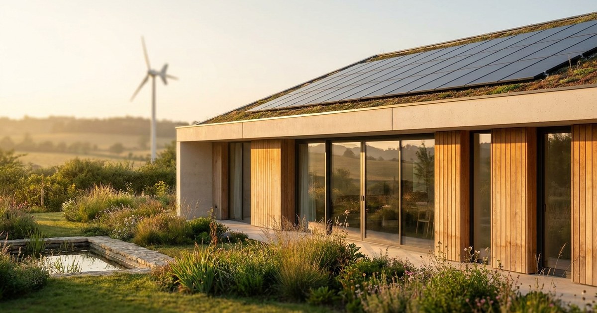 Maison du futur autonome : façade bois, toiture végétalisée avec panneaux solaires, éolienne et récupération d'eau de pluie
