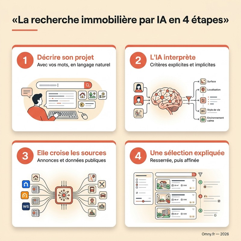 Infographie : la recherche immobilière par IA en 4 étapes — décrire son projet, l'IA interprète, elle croise les sources, une sélection expliquée