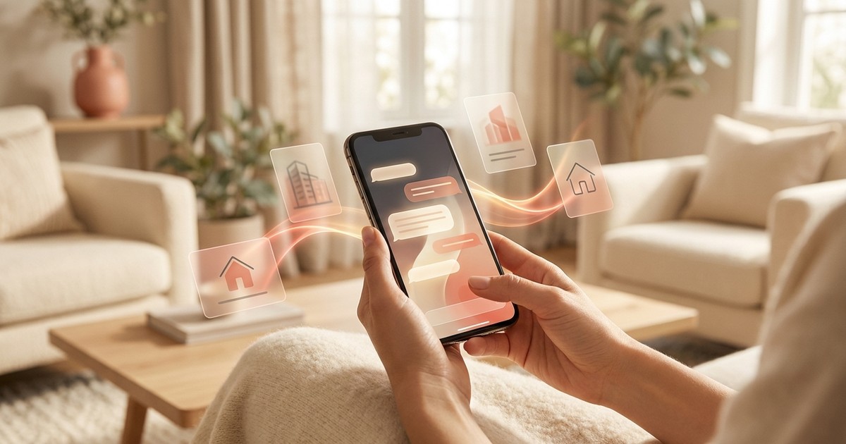 Personne cherchant un logement avec une IA conversationnelle sur smartphone, salon lumineux, interface de recherche immobilière