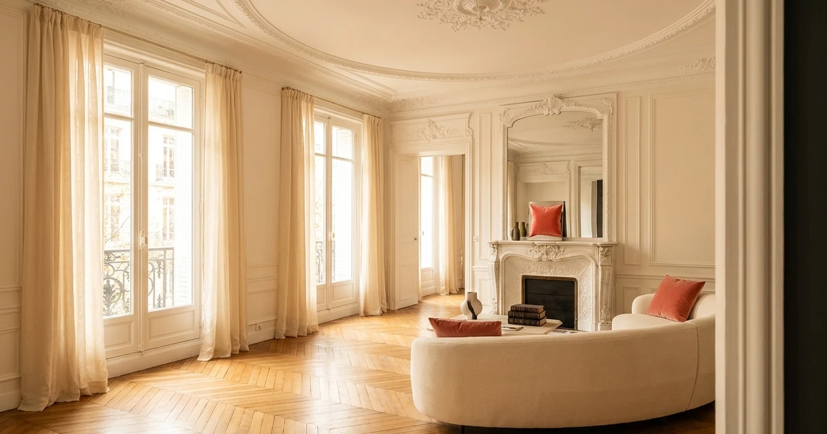 Salon d'un appartement haussmannien parisien : hautes fenêtres, moulures au plafond, parquet à chevrons et cheminée en marbre