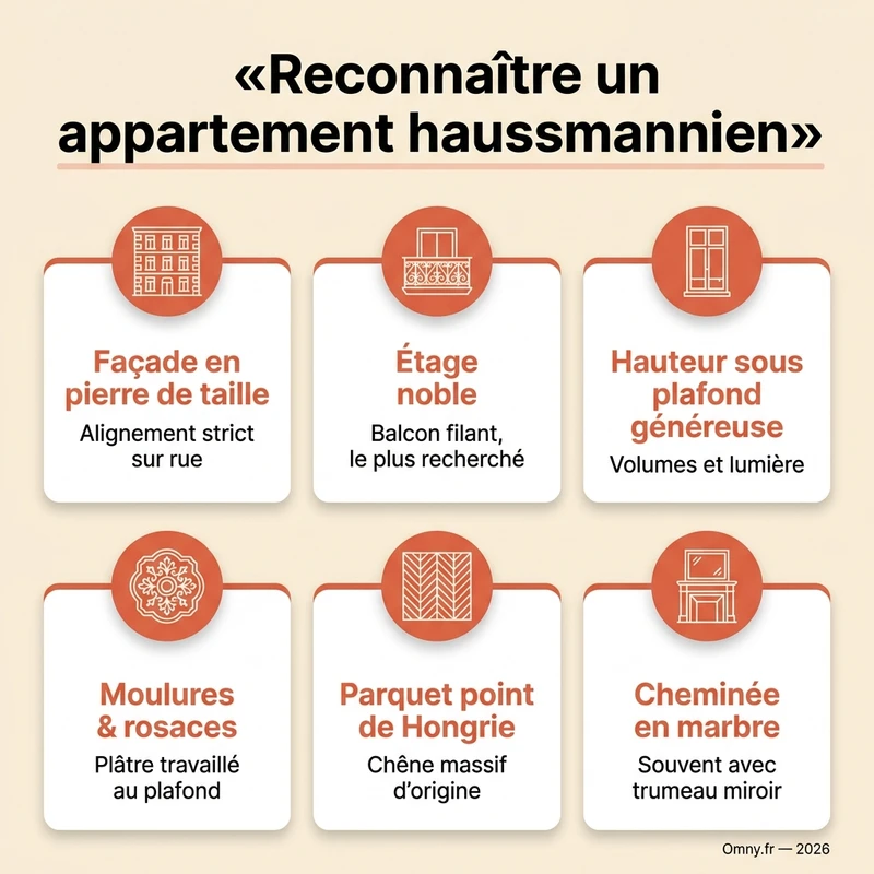 Infographie : reconnaître un appartement haussmannien — façade en pierre de taille, étage noble, hauteur sous plafond, moulures, parquet point de Hongrie, cheminée en marbre