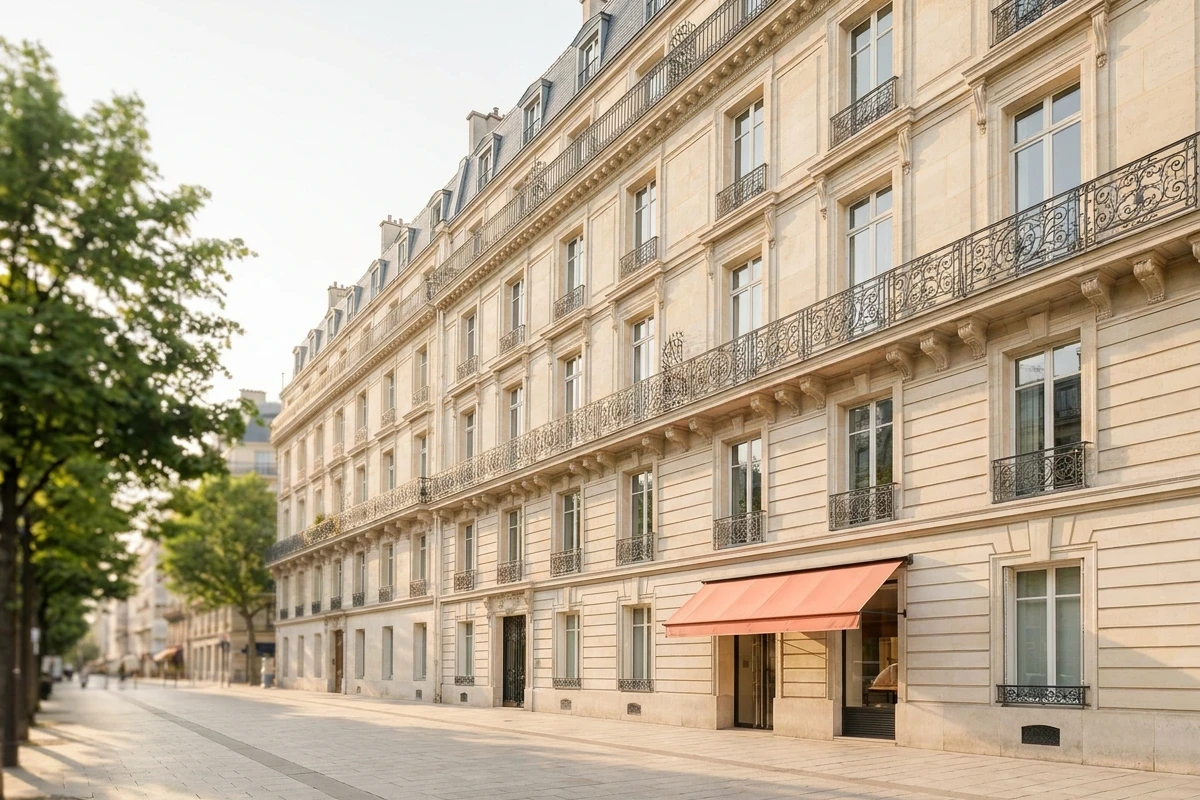 Façade d'un immeuble haussmannien parisien : pierre de taille, fenêtres alignées, balcons filants en fer forgé et toit en zinc