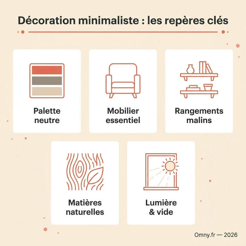 Décoration minimaliste : palette neutre, mobilier essentiel, rangements malins, matières naturelles, lumière et vide