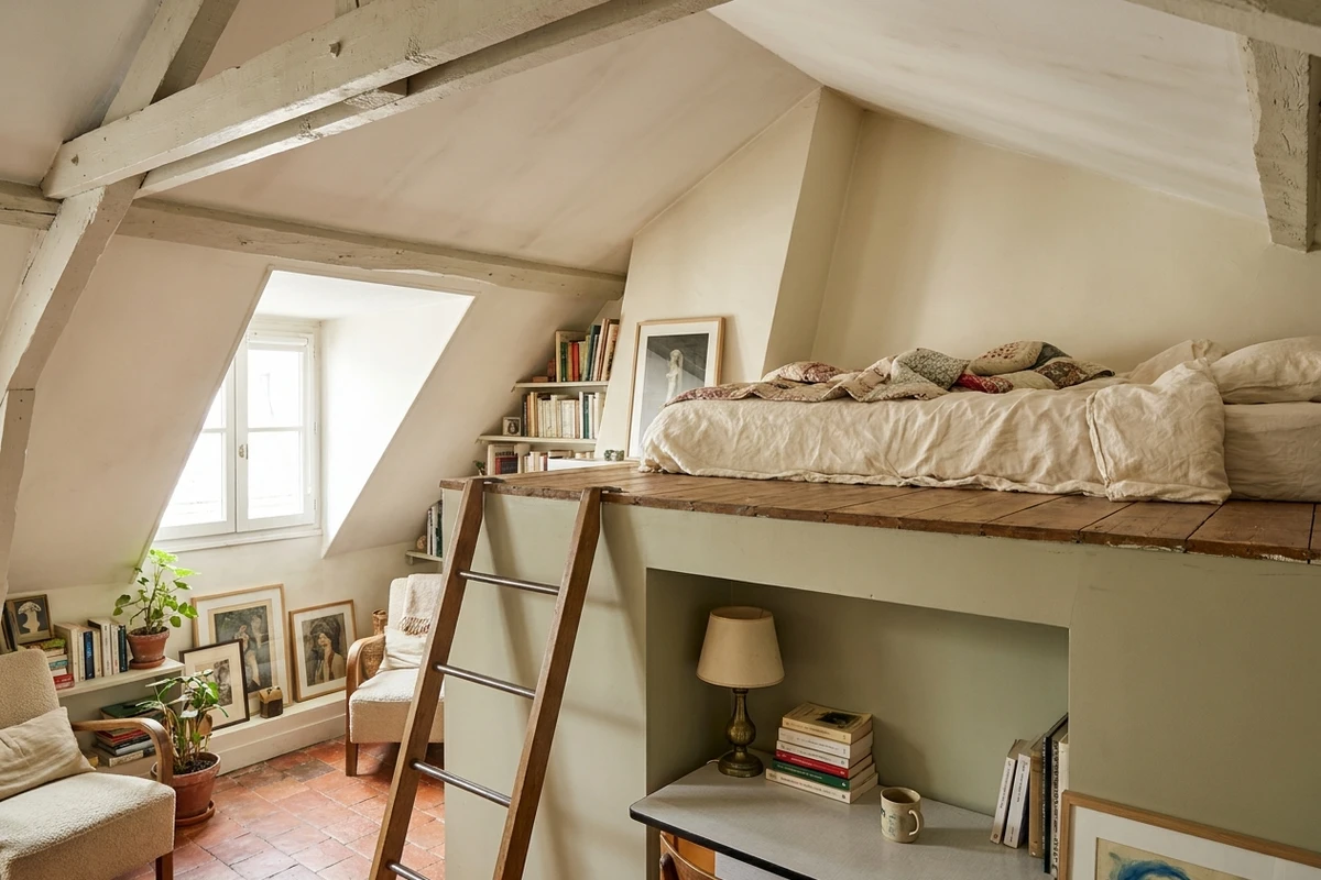 Mezzanine de couchage sous pente, avec un bureau installé dans la partie basse