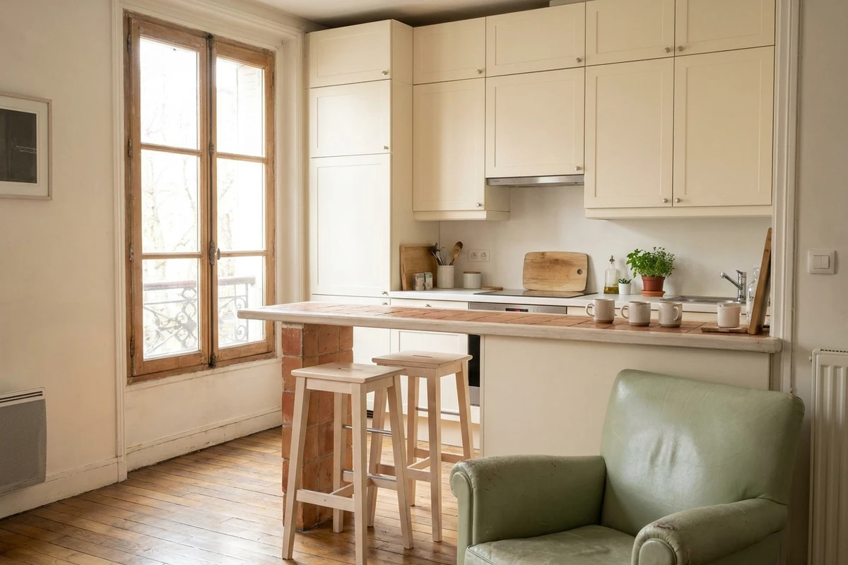 Cuisine compacte alignée sur un mur, avec un bar servant aussi de table