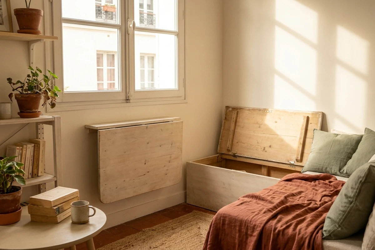 Table rabattable repliée contre le mur et banc-coffre dans un petit séjour