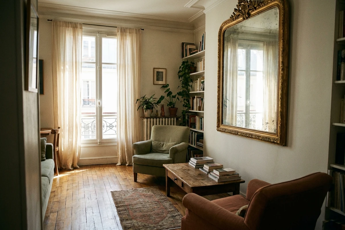 Miroir placé face à la fenêtre, renvoyant la lumière au fond d’un petit salon