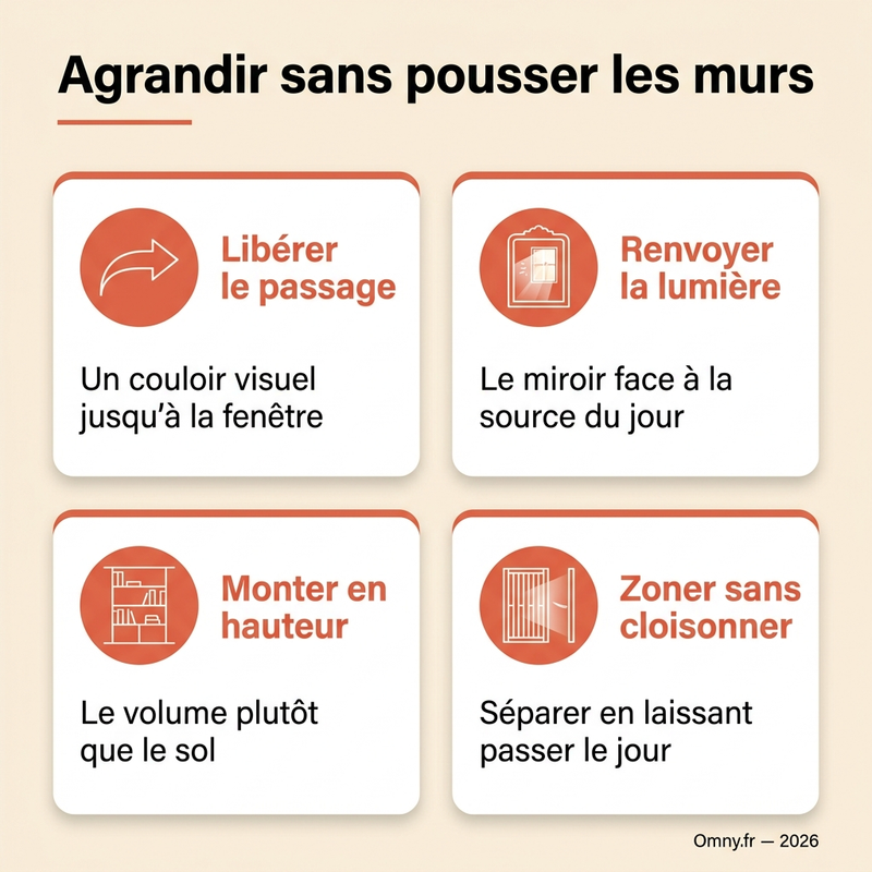Agrandir sans pousser les murs : libérer le passage, renvoyer la lumière, monter en hauteur, zoner sans cloisonner