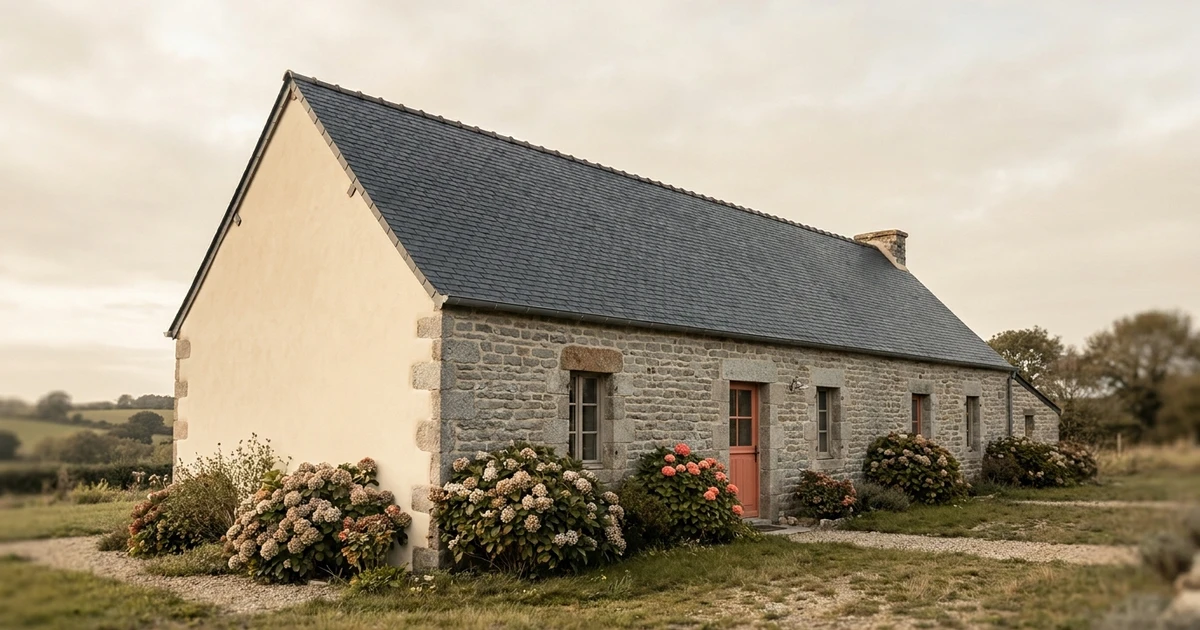 Longère bretonne traditionnelle en granit, toit d'ardoise à double pente, pignon blanc à la chaux et hortensias, dans la campagne bretonne