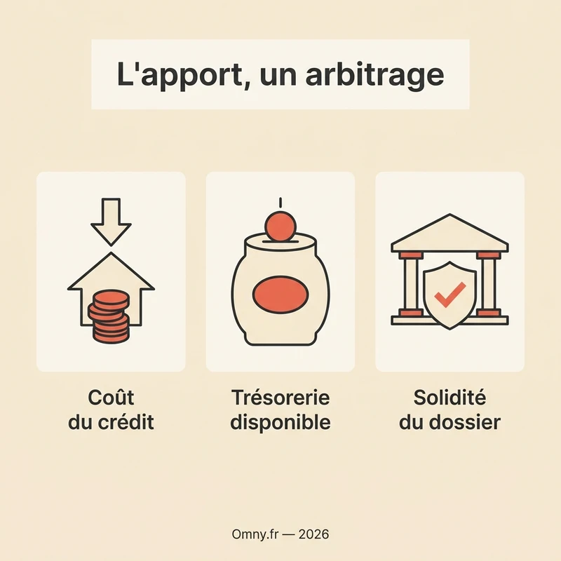 Infographie Omny : l’apport, un arbitrage entre coût du crédit, trésorerie et solidité du dossier