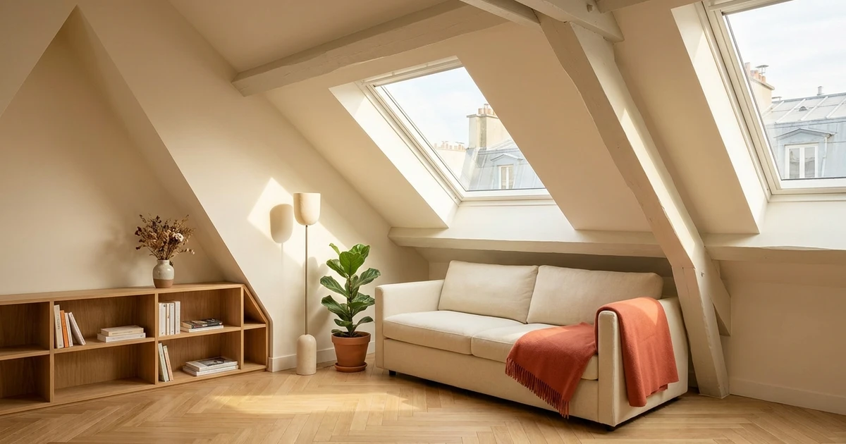 Séjour d'un appartement mansardé lumineux : plafonds en pente, poutres claires, fenêtres de toit ouvertes sur les toits parisiens