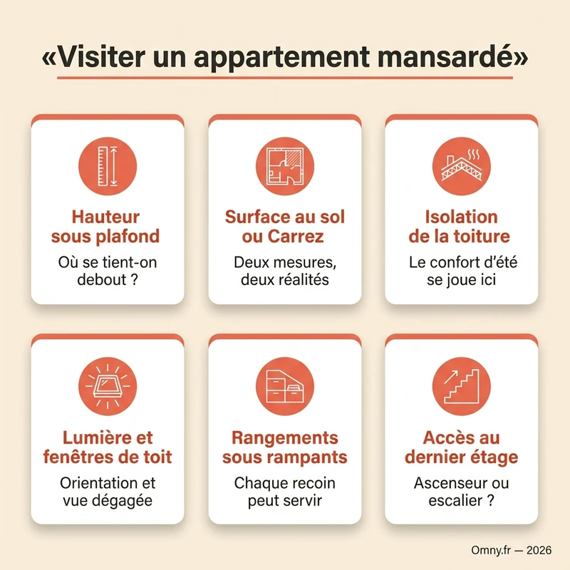 Infographie : visiter un appartement mansardé — hauteur sous plafond, surface au sol et surface Carrez, isolation de la toiture, lumière des fenêtres de toit, rangements sous rampants, accès au dernier étage