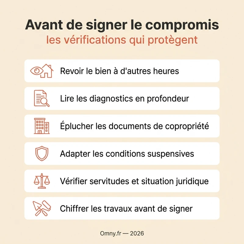 Infographie Omny : la checklist des vérifications essentielles avant de signer un compromis de vente
