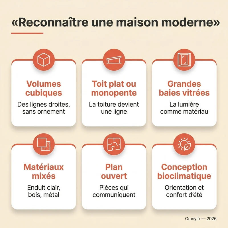 Infographie Omny : les six signatures d'une maison moderne — volumes cubiques, toit plat ou monopente, grandes baies vitrées, matériaux mixés, plan ouvert, conception bioclimatique