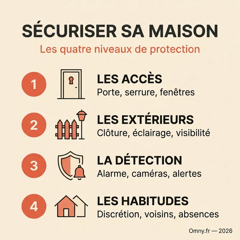 Sécuriser sa maison : les quatre niveaux de protection — les accès, les extérieurs, la détection et les habitudes