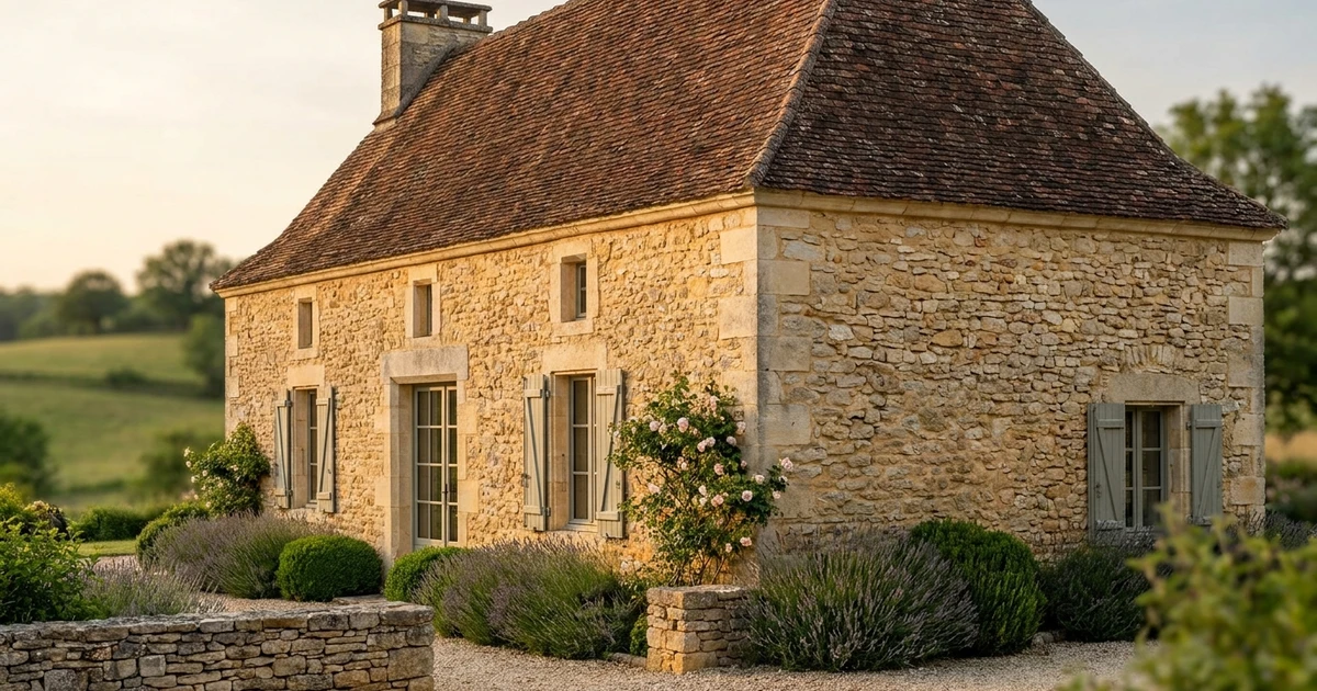 Maison en pierre traditionnelle française : murs de moellon calcaire doré, encadrements et chaînages d'angle en pierre de taille, volets bois gris-vert et toiture de tuiles anciennes, dans la campagne en fin de journée