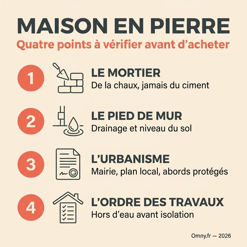 Infographie Omny : quatre vérifications avant d'acheter une maison en pierre — la nature du mortier et de l'enduit, l'état des pieds de murs et le drainage, le régime d'urbanisme applicable, la cohérence du projet de rénovation