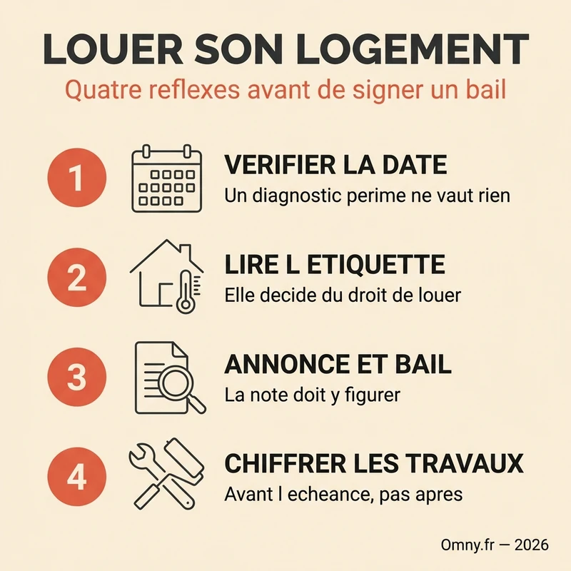 Quatre réflexes avant de signer un bail : vérifier la date du DPE, lire l'étiquette, la reporter dans l'annonce et le bail, chiffrer les travaux
