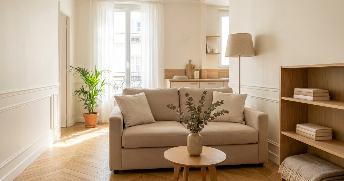 Séjour d'un petit appartement meublé : canapé en tissu beige, table basse ronde en bois, bibliothèque et parquet à chevrons, lumière naturelle du matin