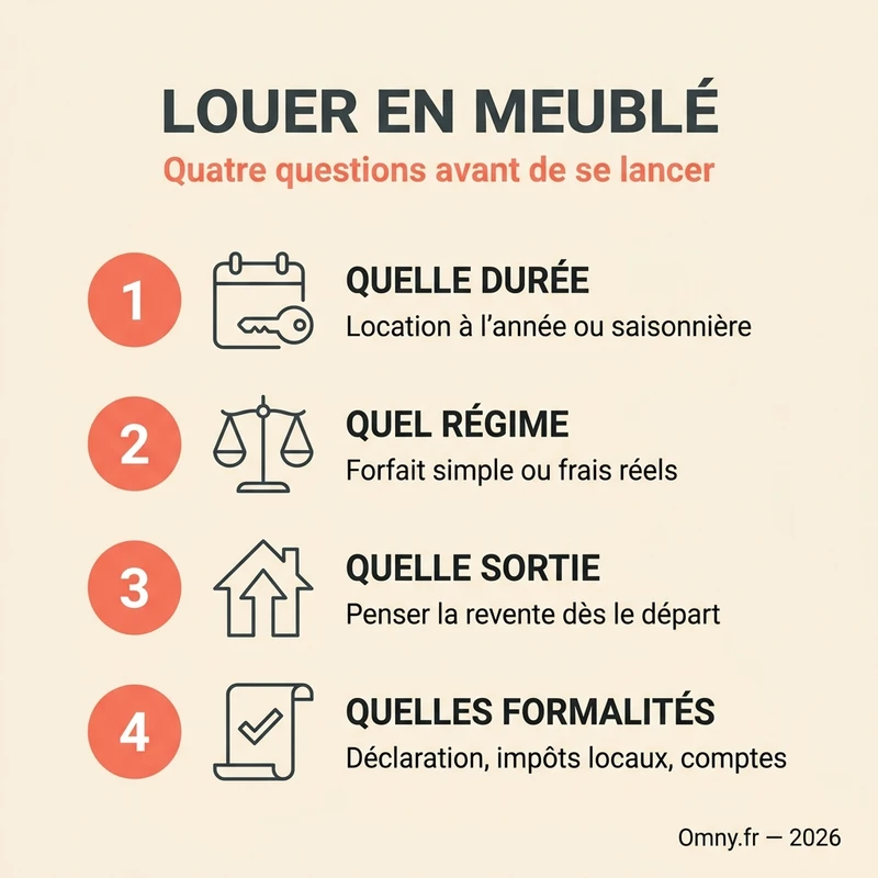 Infographie Omny : quatre questions à se poser avant de louer en meublé — la durée de location visée, le régime fiscal, l'horizon de revente et les obligations déclaratives