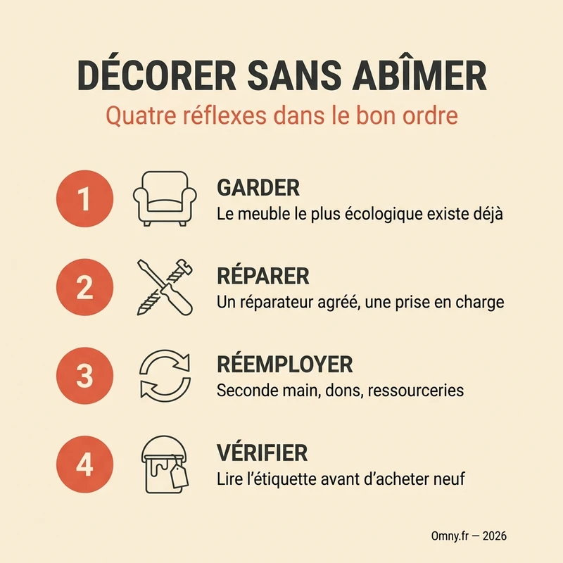 Décorer sans abîmer : quatre réflexes dans le bon ordre — garder, réparer, réemployer, vérifier l'étiquette avant d'acheter neuf