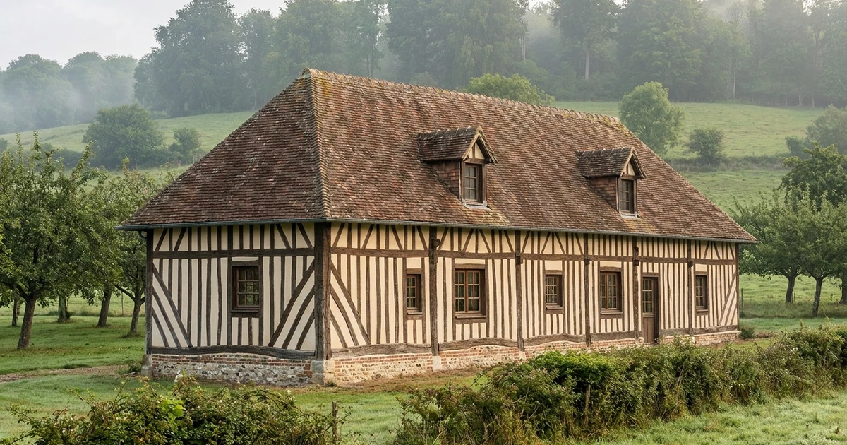 Maison normande à pans de bois du pays d'Auge : ossature de chêne brun, remplissage clair, soubassement de pierre et de brique, toiture de tuiles plates à forte pente et lucarnes, dans un verger de bocage