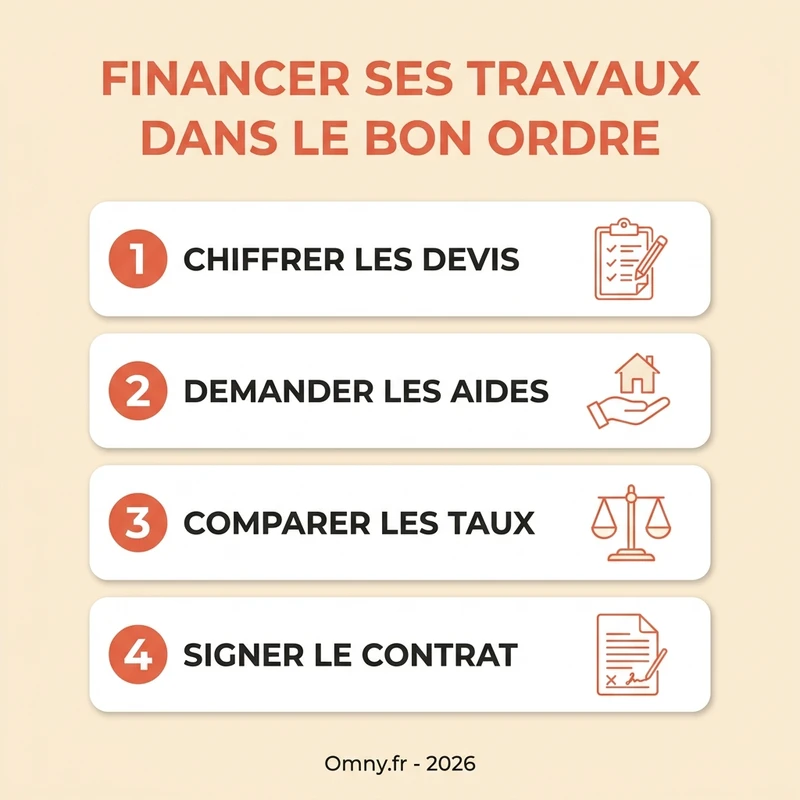 Les quatre étapes pour financer des travaux de rénovation dans le bon ordre : chiffrer les devis, demander les aides, comparer les taux, signer le contrat