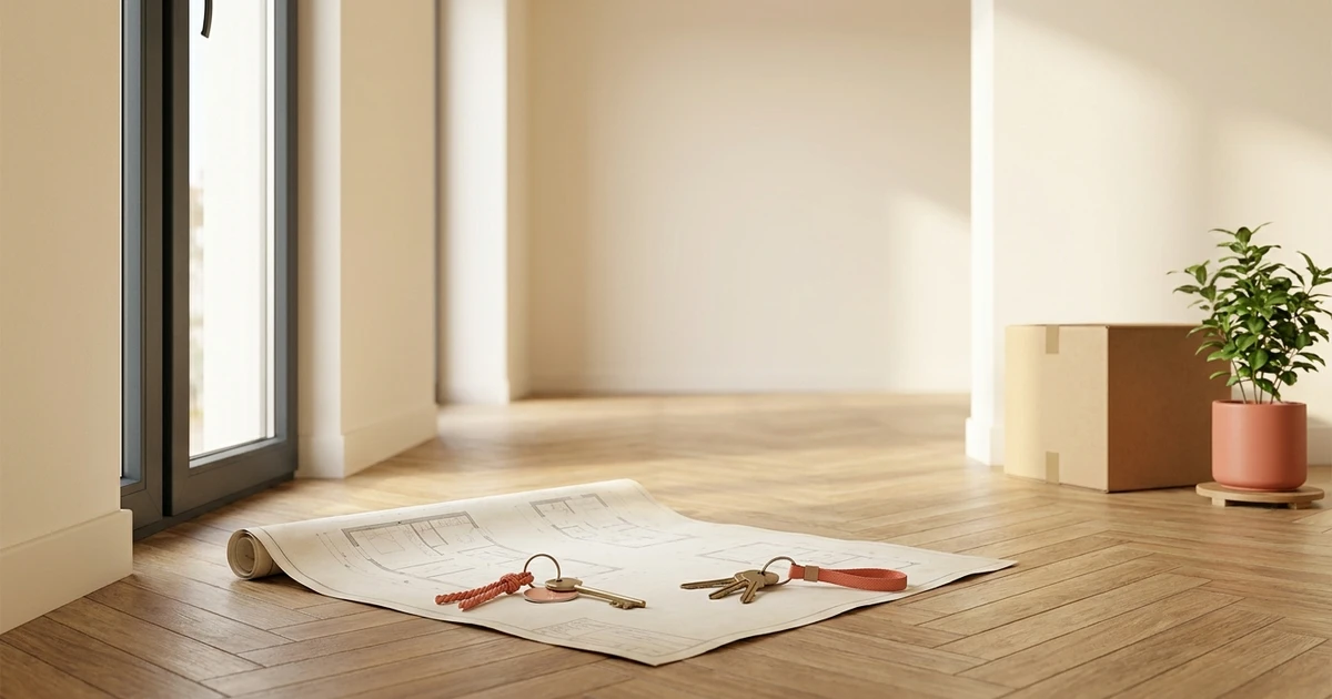 Deux jeux de clés posés sur un plan d'appartement, dans un logement vide baigné de lumière