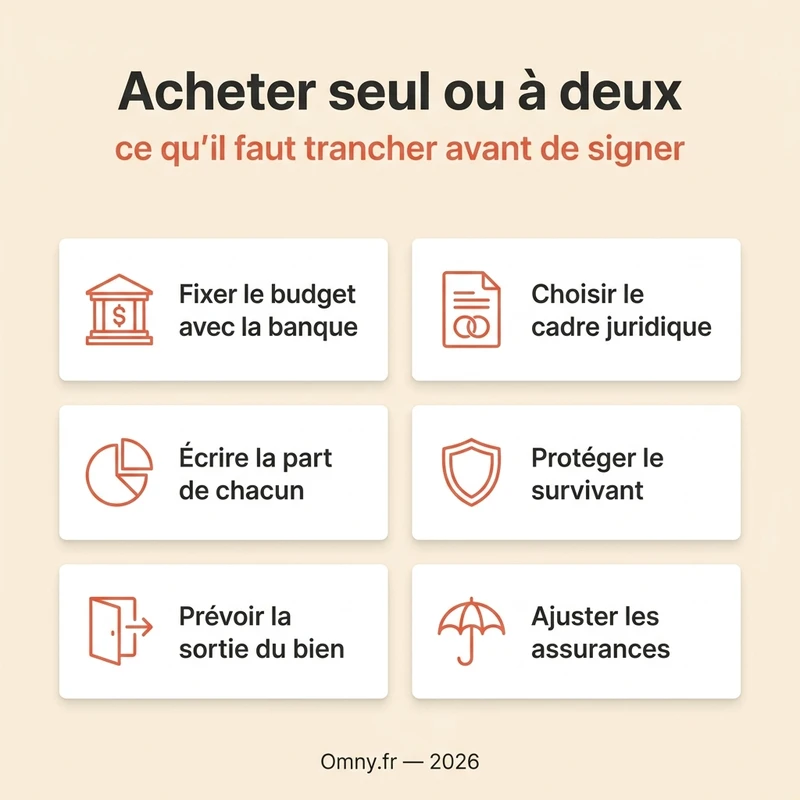 Acheter seul ou à deux : ce qu'il faut trancher avant de signer — budget, cadre juridique, part de chacun, protection du survivant, sortie du bien, assurances