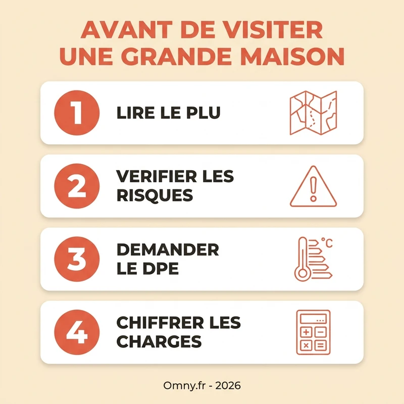 Quatre vérifications à faire avant de visiter une grande maison : lire le PLU, vérifier les risques, demander le DPE, chiffrer les charges