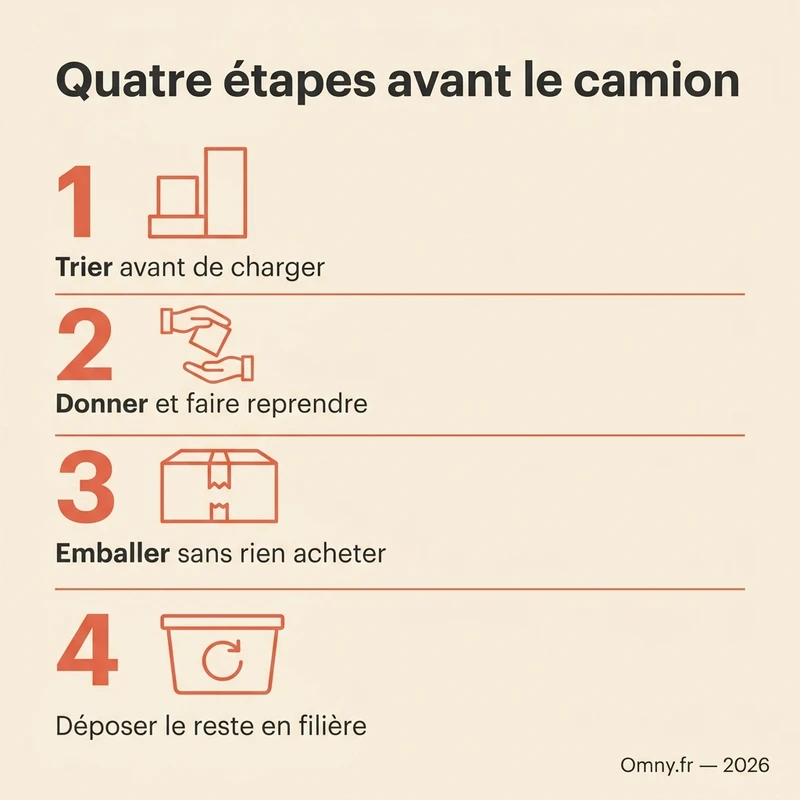 Les quatre étapes d'un déménagement écologique : trier avant de charger, donner et faire reprendre, emballer sans rien acheter, déposer le reste en filière