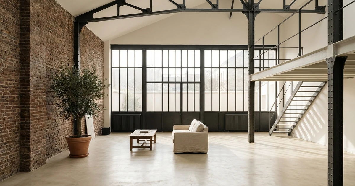 Intérieur d'un loft industriel reconverti : mur de brique, charpente et poteaux métalliques, verrière d'atelier, mezzanine et sol béton