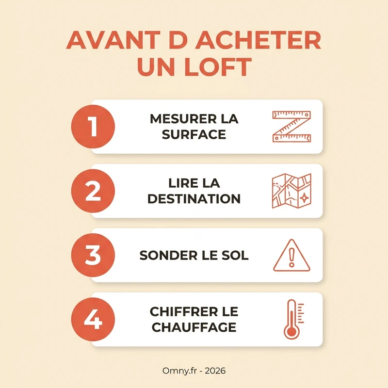 Infographie Omny : quatre vérifications avant d'acheter un loft — mesurer la surface, lire la destination, sonder le sol, chiffrer le chauffage