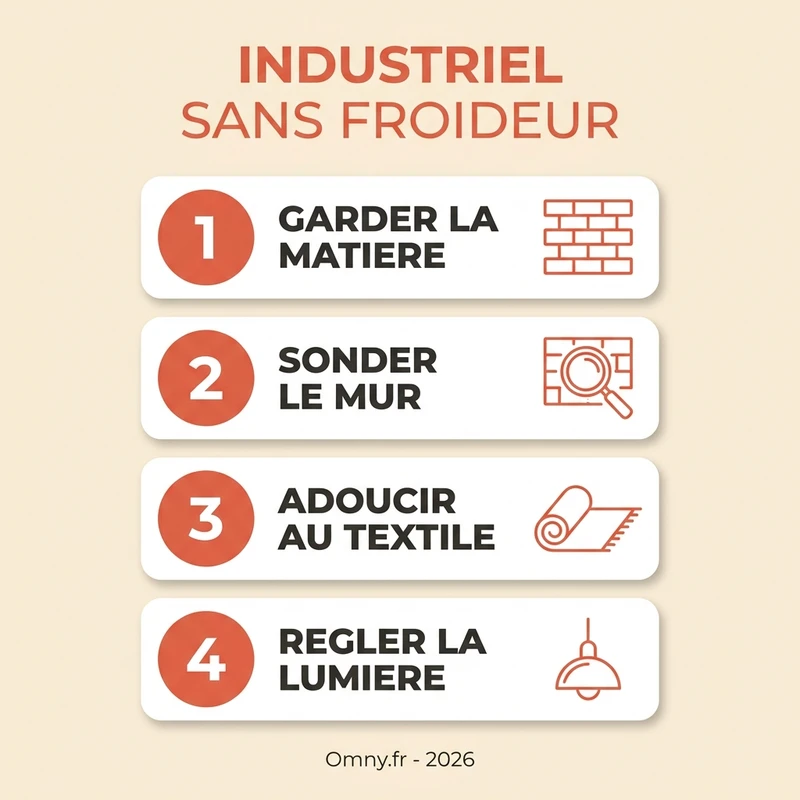 Quatre étapes pour un style industriel chaleureux : garder la matière, sonder le mur avant de décaper, adoucir au textile, régler la lumière