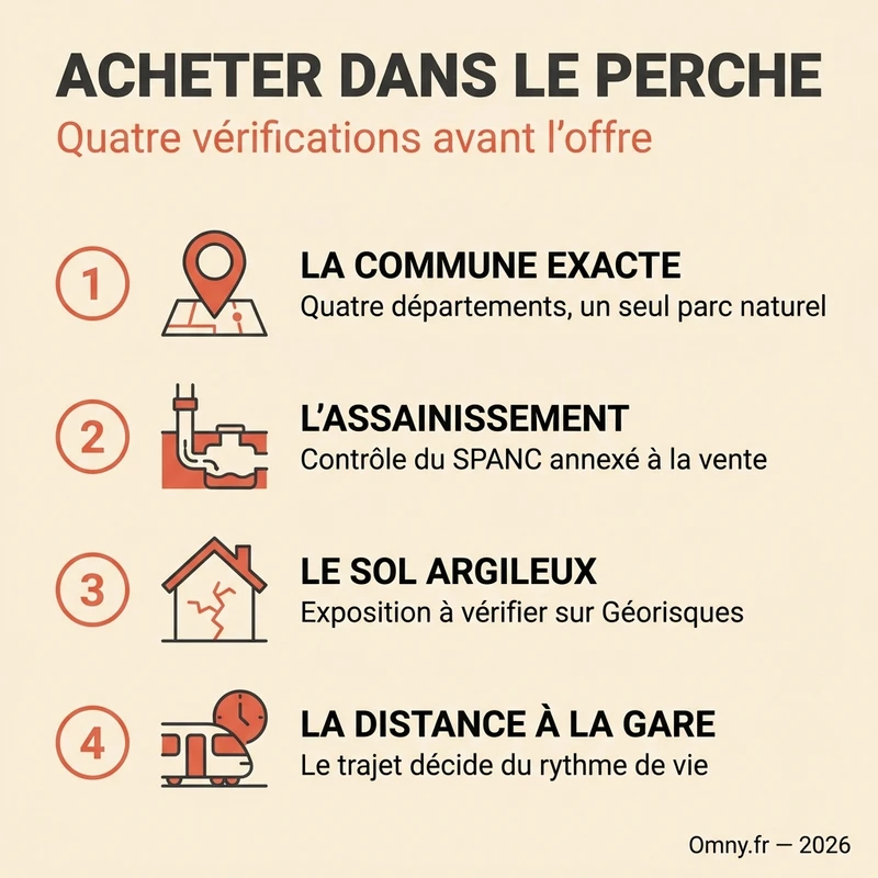 Infographie Omny : quatre vérifications avant d'acheter dans le Perche — la commune exacte, l'assainissement, le sol argileux, la distance à la gare