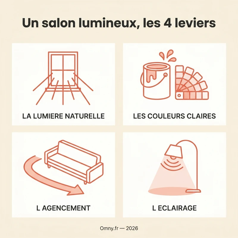 Les quatre leviers d'un salon lumineux : lumière naturelle, couleurs claires, agencement, éclairage