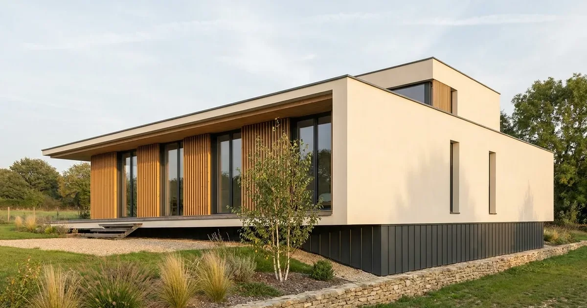 Maison contemporaine d'architecte à toit plat, volume en enduit crème en porte-à-faux sur un socle en bardage anthracite, brise-soleil verticaux en bois clair