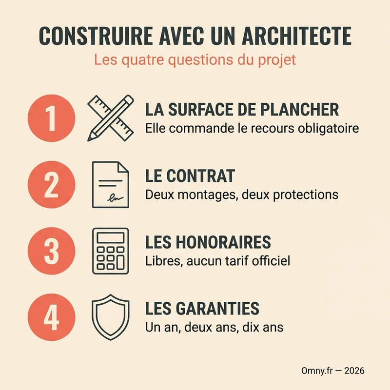 Infographie Omny : les quatre questions d'un projet de maison d'architecte — surface de plancher, contrat, honoraires, garanties