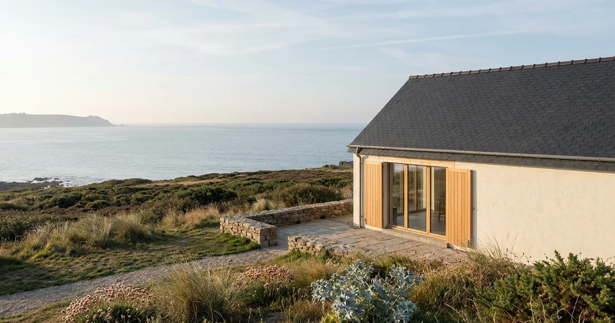 Maison côtière en enduit crème à toiture d'ardoise, volets en bois clair ouverts sur une terrasse en pierre dominant la lande littorale et la mer