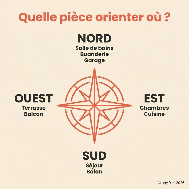 Quelle pièce orienter où : rose des expositions Omny (nord, est, sud, ouest)