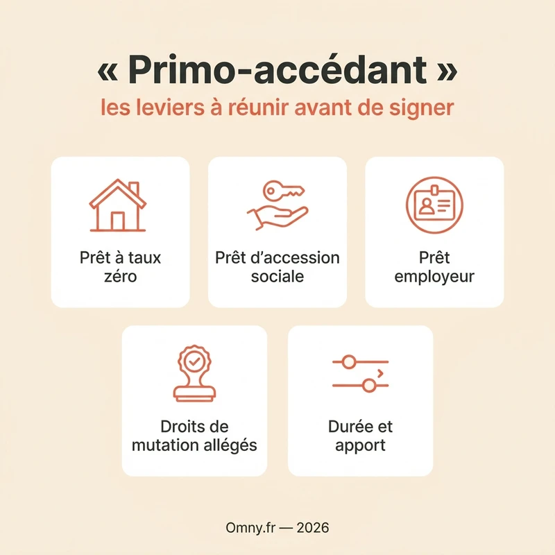 Infographie Omny : les cinq leviers d'un primo-accédant — prêt à taux zéro, prêt d'accession sociale, prêt employeur, droits de mutation allégés, durée et apport