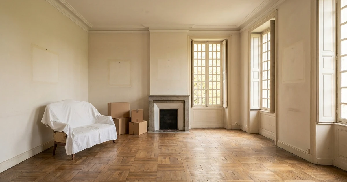 Séjour vide d'une ancienne maison de famille française : parquet en point de Hongrie, cheminée en pierre, fauteuil recouvert d'un drap et cartons près du mur