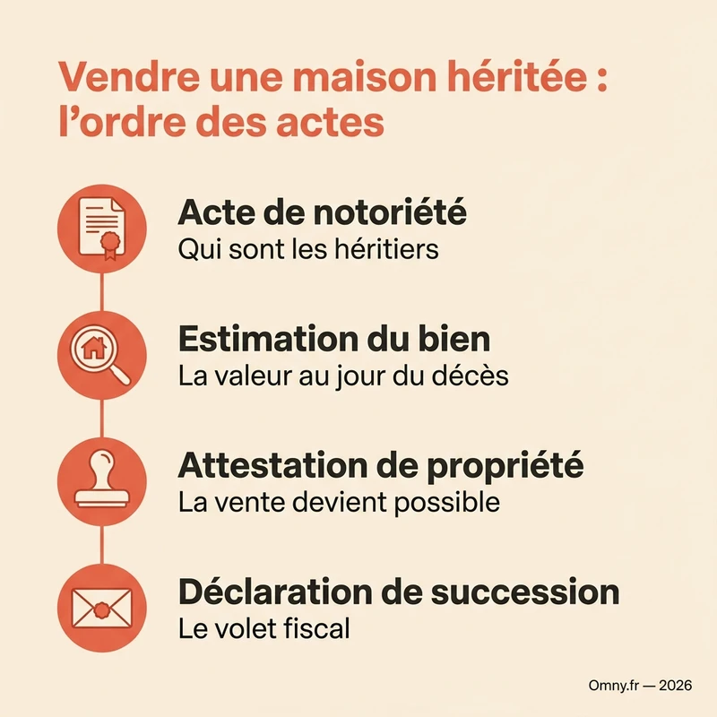 Infographie Omny : l'ordre des actes pour vendre une maison héritée — acte de notoriété, estimation du bien, attestation de propriété, déclaration de succession